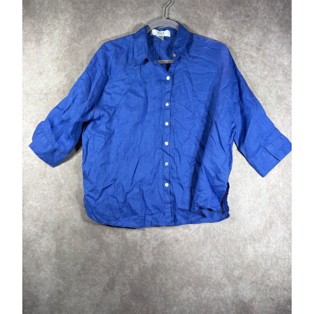 Wilt Button Up Shirt Womens XS Blue 100% Linen 3/4 Sleeve Relaxed Coastal Casual